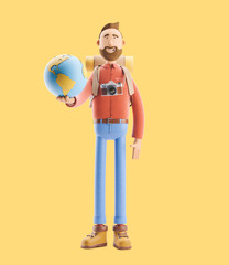 Cartoon character tourist stands with a large map pointer and globe. 3d illustration. Concept of traveling.