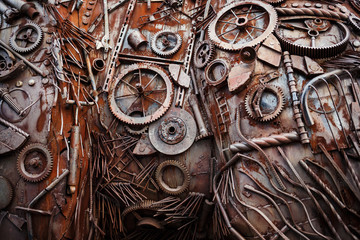 Rusty metal parts. Gears, fittings, wires, tubes and other old products are welded to uneven iron sheets. Perfect for background and grunge design.