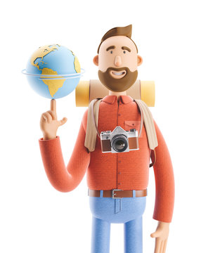 Cartoon character tourist stands with a large map pointer and globe. 3d illustration. Concept of traveling.