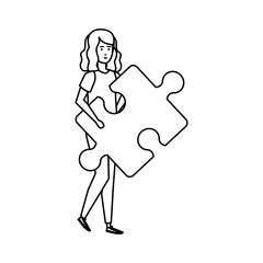 casual businesswoman lifting puzzle piece