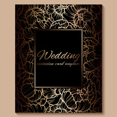 Antique royal luxury wedding invitation, gold on black background with frame and place for text, lacy foliage made of roses or peonies with shiny gradient
