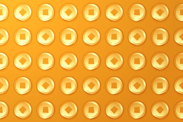 Vector Chinese Coins Pattern. Double square symbol Fang Sheng. 3D Oriental money. Texture asian traditional frame.