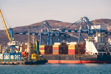 Fototapeta premium Containers on freight ship in industrial sea port for shipping and logistic, cranes and other special equipment, international commerce delivery concept
