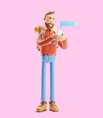 Cartoon character tourist writes a message on the phone. 3d illustration.
