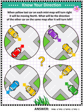 Map skills and cardinal directions learning, training, practice activity page or worksheet with cars and city mini-maps. Answer included.