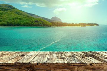 Desk of free space and summer sea landscape 