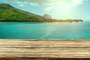 Fototapeta premium Desk of free space and summer sea landscape 