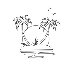 Hand line drawing of an oasis island with two palm trees, sunset and birds. 