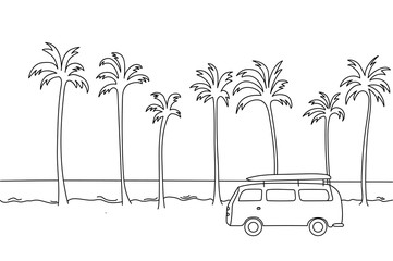 Single line illustration of an old van with a surf board in the top riding next to the beach. 