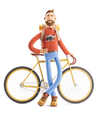 Cartoon character tourist stand with a bicycle. 3d illustration.