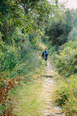 tourist with a backpack on a forest path in the mountains