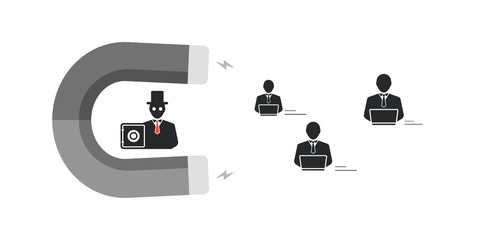 Businessman. Recruitment concept. Magnet attracting workers. Horseshoe magnet