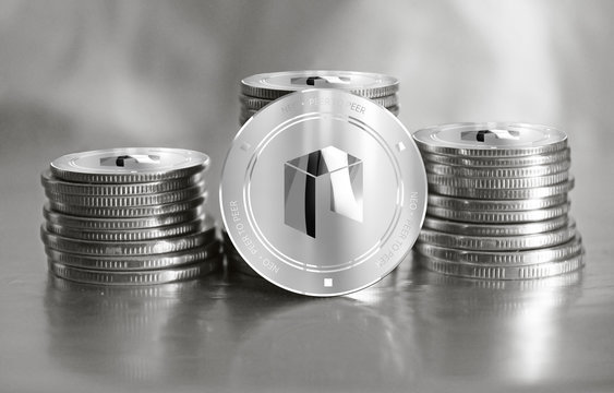 Neo digital crypto currency. Stack of silver coins. Cyber money.	