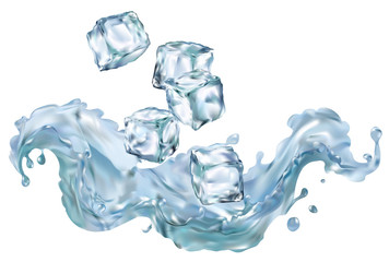 Ice cubes transparent 3d illustration realistic set. Water freeze Clip art for your design.