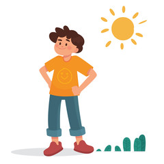 vector illustration a happy boy in a summer days, little boy very happy in hot summer day/sunny day - Vector