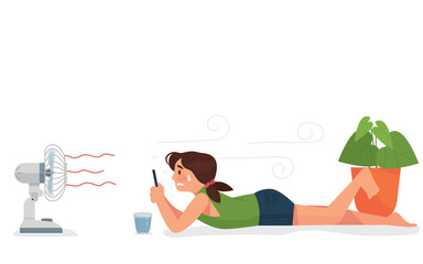 vector illustration a girl lay down in front of fan holding phone in very hot summer, a girl suffering heat exhaustion - Vector