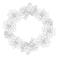 Beautiful monochrome sketch, black and white flower. Circle shape. Vector illustration isolated on white background.