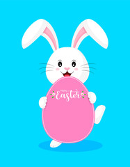 Cute rabbit holding egg shape paper. Special offer for Easter. Easter eggs hanging, illustration isolated on blue background. Great for your design of poster, greeting card and banner.
