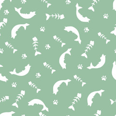 Animals, seamless pattern with cartoon fish and fish bones. The drawing in the style of hand drawn.  Children drawing .Positive character. Vector