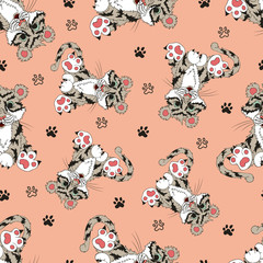 Animals, seamless pattern with a tiger  and paws. The drawing in the style of hand drawn. Patern color. Positive character. Children drawing for girls, pink. 
