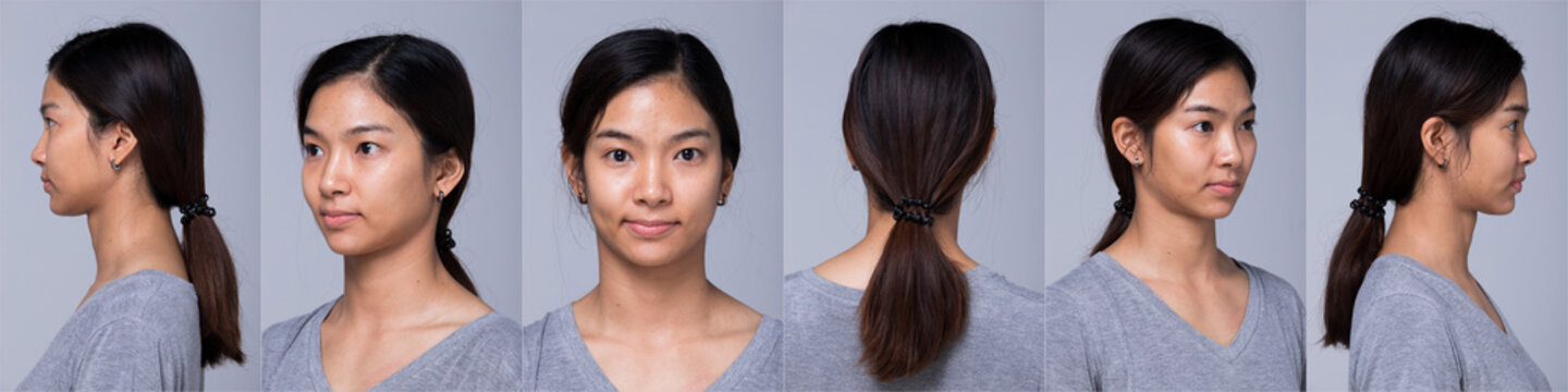 Asian Woman before applying make up hair style. no retouch, fresh face with acne, lips, eyes, cheek, nice smooth skin. Studio lighting white background, for aesthetics therapy treatment