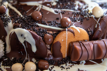 Beautiful homemade cake with chocolate, chocolate cookies and candies