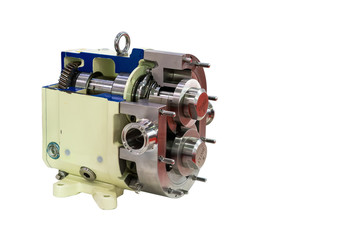 cross section high technology of rotary or lobe gear high pressure vacuum pump with gearbox for control flow rate water solvent chemical liquid or oil isolated on white background with clipping path