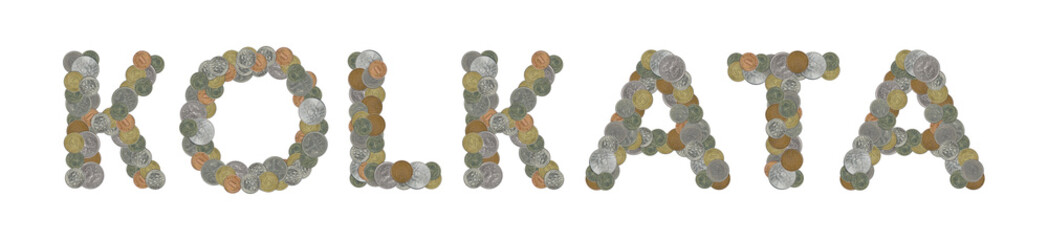 KOLKATA  word with stack of coins on white background