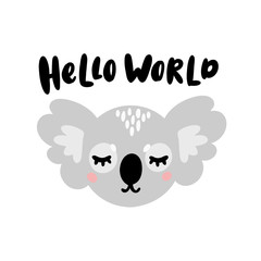 Character sleep koala and lettering phrase: Hello world. Excellent design for sticker, patch, poster, for children's textiles, etc.