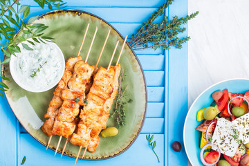 Traditional greek chicken souvlaki with tzatziki sauce