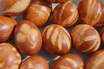 Traditional Easter eggs dyed with natural onion peels and leaves