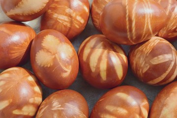 Traditional Easter eggs dyed with natural onion peels and leaves