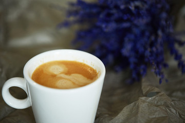 cafee in white cup with lavanda