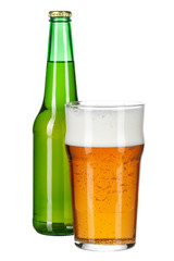 Beer bottle and beer glass on white background