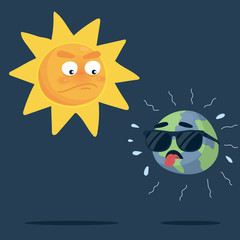 vector illustration sun angry to earth, sun is shining too hot and earth get exhausted - Vector