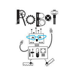little cute robot and the inscription of the details and gears. Vector illustration