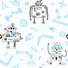 Seamless pattern with Robots and details for construction Robotics. Vector illustration