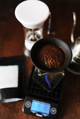 Coffee blooming in porous ceramic paperless filter. Alternative brewing. Gooseneck, electronic...