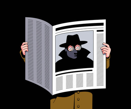 Spy looking through peepholes in newspaper