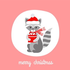 Merry Christmas and Happy New Year! Greeting card with raccoon