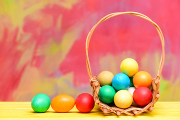 Colorful eggs in basket. Healthy and happy holiday. painted eggs in egg tray. Happy easter. Egg hunt. Spring holiday. Holiday celebration, preparation. Easter surprises