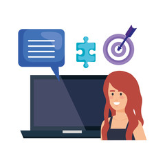 woman with laptop and business icons