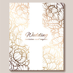 Antique royal luxury wedding invitation, gold on white background with frame and place for text, lacy foliage made of roses or peonies with shiny gradient