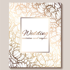 Antique royal luxury wedding invitation, gold on white background with frame and place for text, lacy foliage made of roses or peonies with shiny gradient