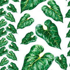 Seamless pattern with exotic Anthurium green leaves, hand drawn watercolor illustration