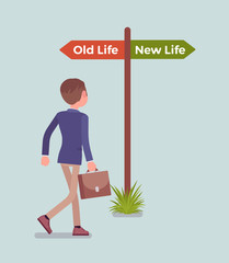 Signpost pole to a direct man, old and new life choice. Young person choosing a road, start of another way, thinking of decision to begin and change lifestyle, become different. Vector illustration