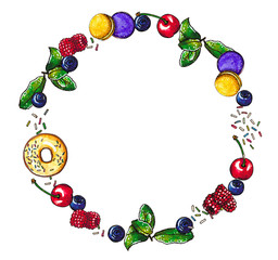 Berries, sweet natural dessert round shaped wreath, hand drawn watercolor illustration, isolated on white