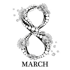 Vector hand drawn decorative element with text for 8 march greeting card design. Doodle floral pattern to international women's day.