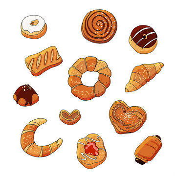 Set of bakery products: croissant, bun, bagel, doughnut, donut, loaf, cookie. 
