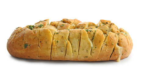 Tasty garlic bread on white background